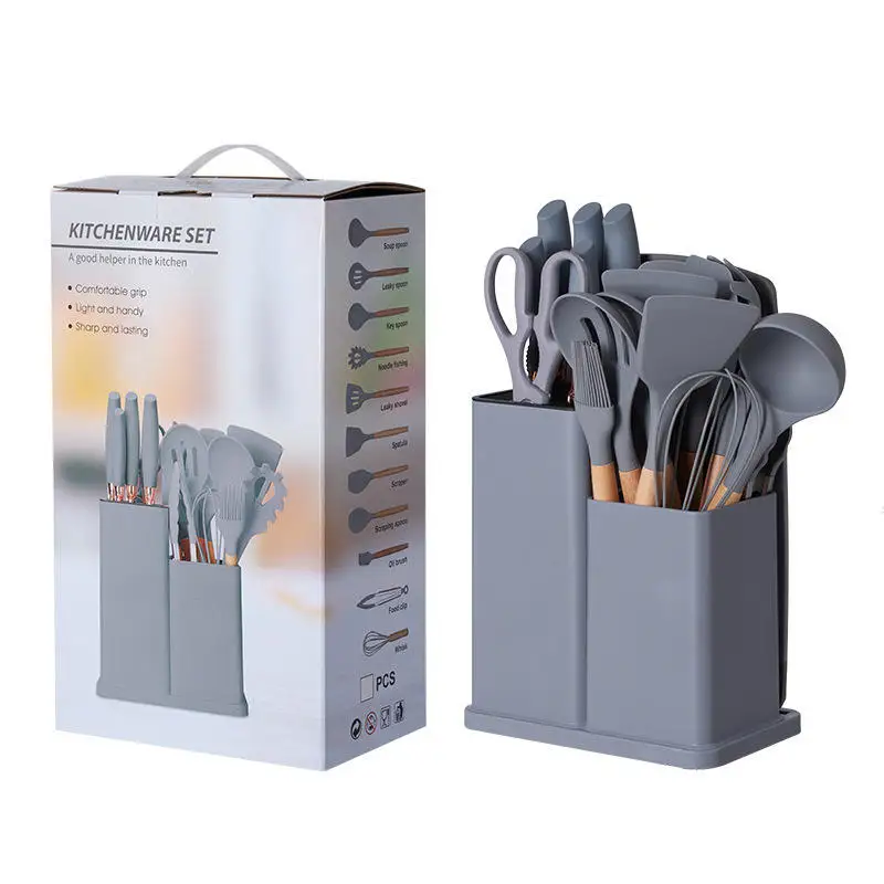 19-piece set of silica gel kitchen utensil set with wooden handle and cuttings board storage bucket kitchen gadget set