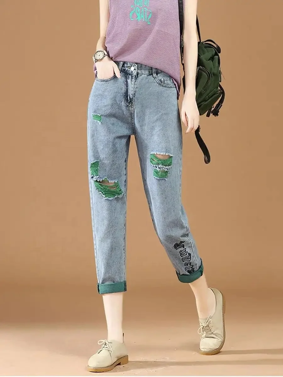 Women's Ripped Boyfriend Jeans Stretch Skinny Jean Trendy Distressed Straight Leg Jeans with Holes