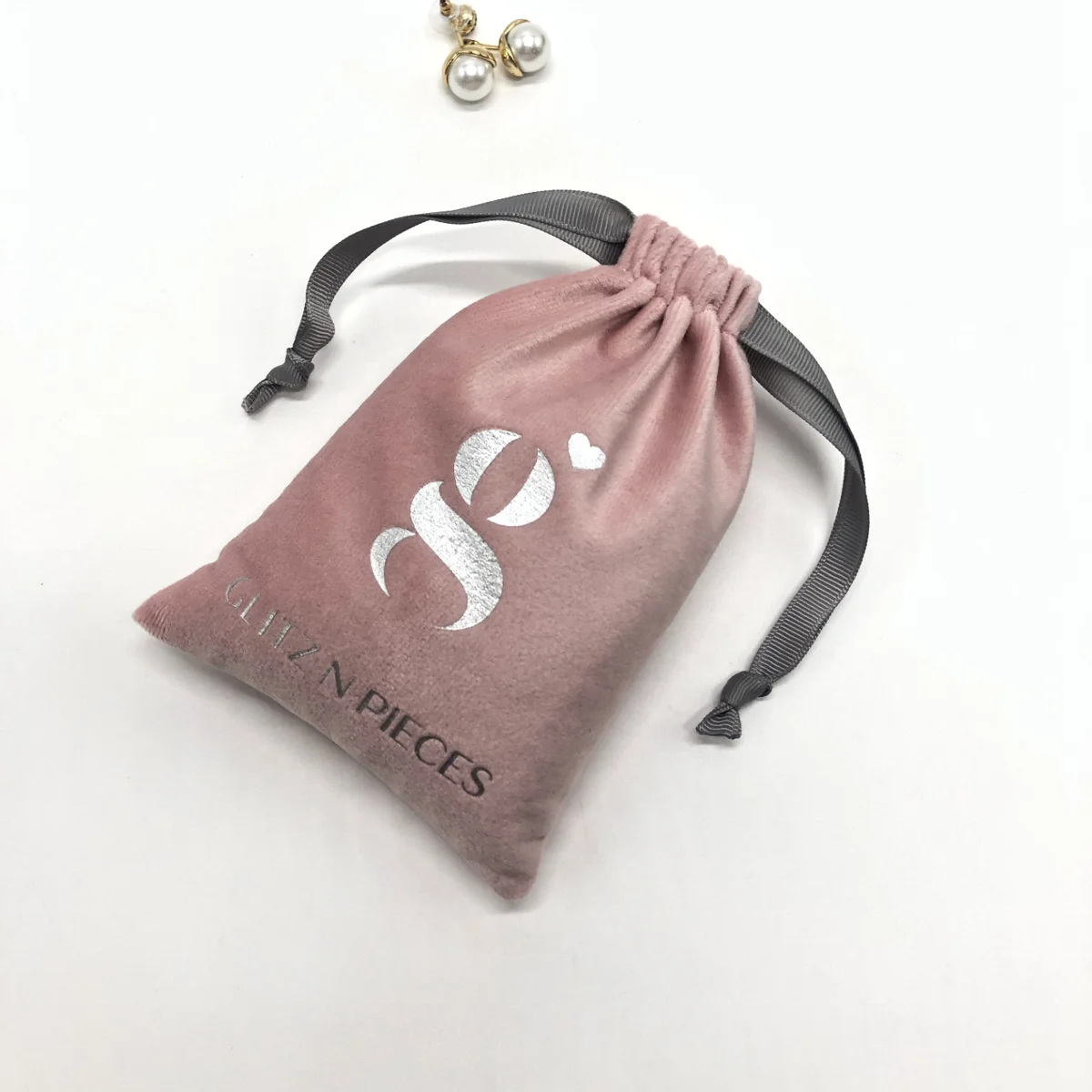 Custom Gray Logo Printing Pink Velvet Jewelry Pouch Small Drawstring Storage Packaging Gift Velvet Bag