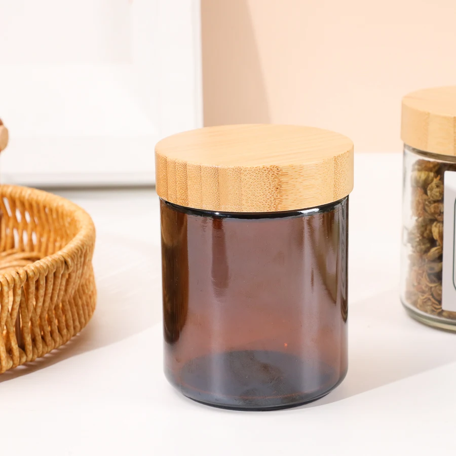 Wholesale Kitchen Candy Cookie Coffee Beans Storage Container Round 250ml Clear/Amber Fruit Jam Glass Honey Jar with Bamboo Lid