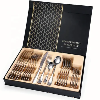 Cutlery Box Service for 6,Include Knife Fork Spoon luxury Silver 24 Piece Stainless Steel Gold Cutlery Flatware Set