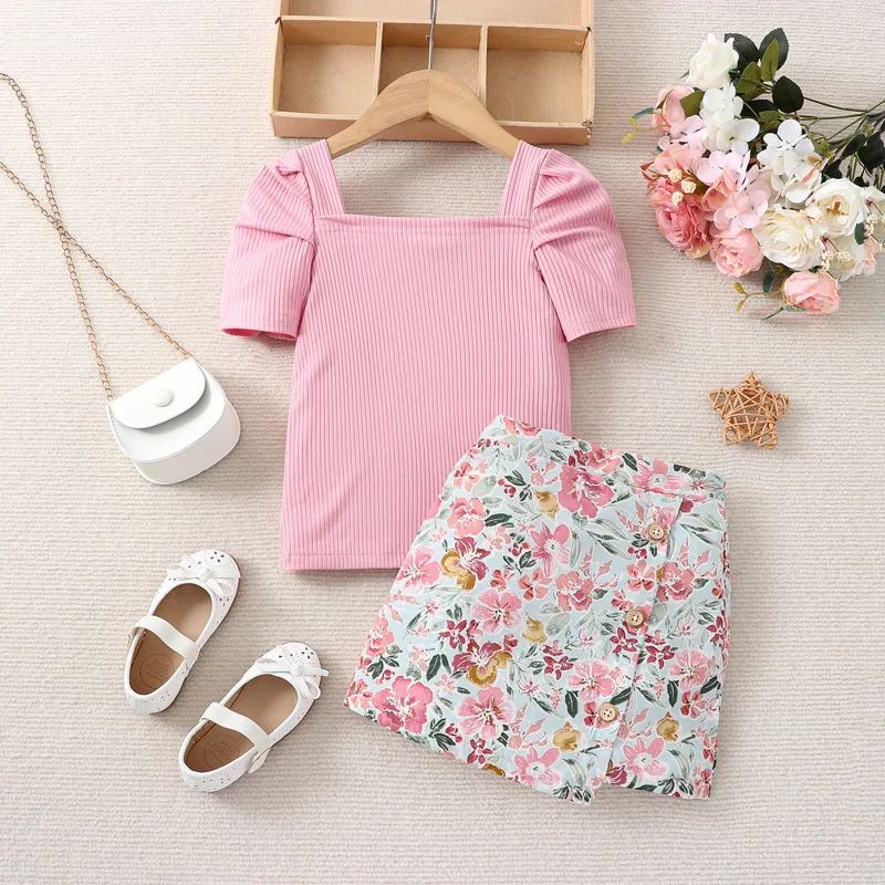 RTS toddler baby girls short puff sleeve ribbed tops floral skirt 2pcs suit kids girls summer fashion outfits