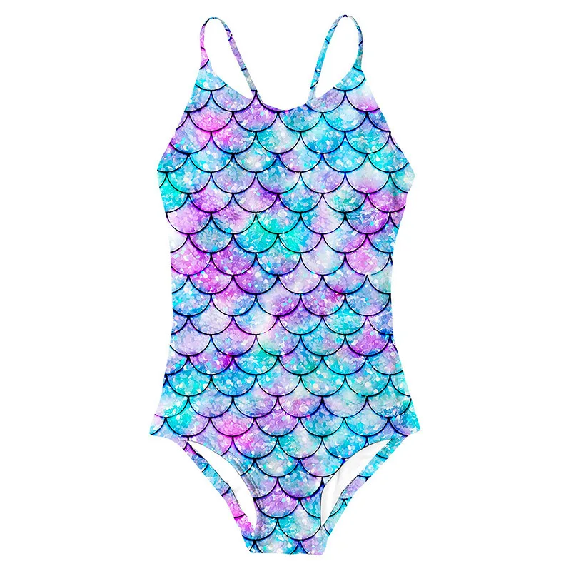 Mufeng Baby Girls One Piece Mermaid Swimming Costume Halter Neck Sequins Scales Printed Ruffled Swimsuit 