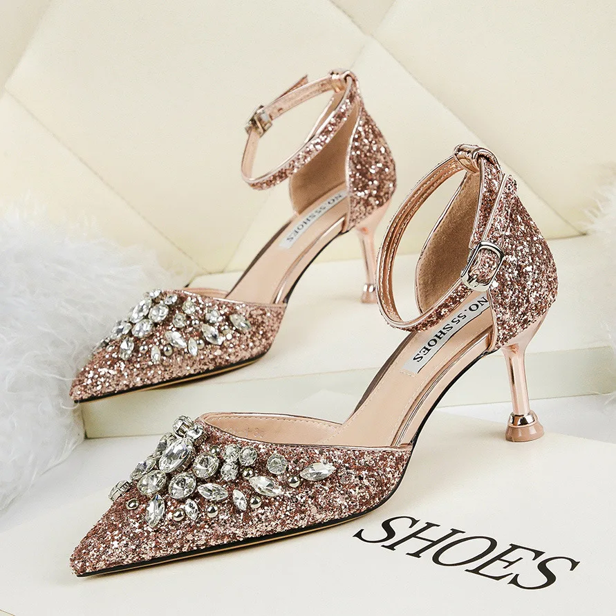 Womens Pumps Pointed Toe High Heels Rhinestone Crystal Wedding Bridal Shoes 