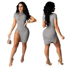 Pink Office Lady Pink Summer 2 End Zipper Short Sleeve Empire Stand Collar Women Body Mini Dresses