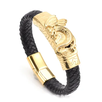 Stainless steel titanium steel braided leather rope bracelet, European and American simple leather rope