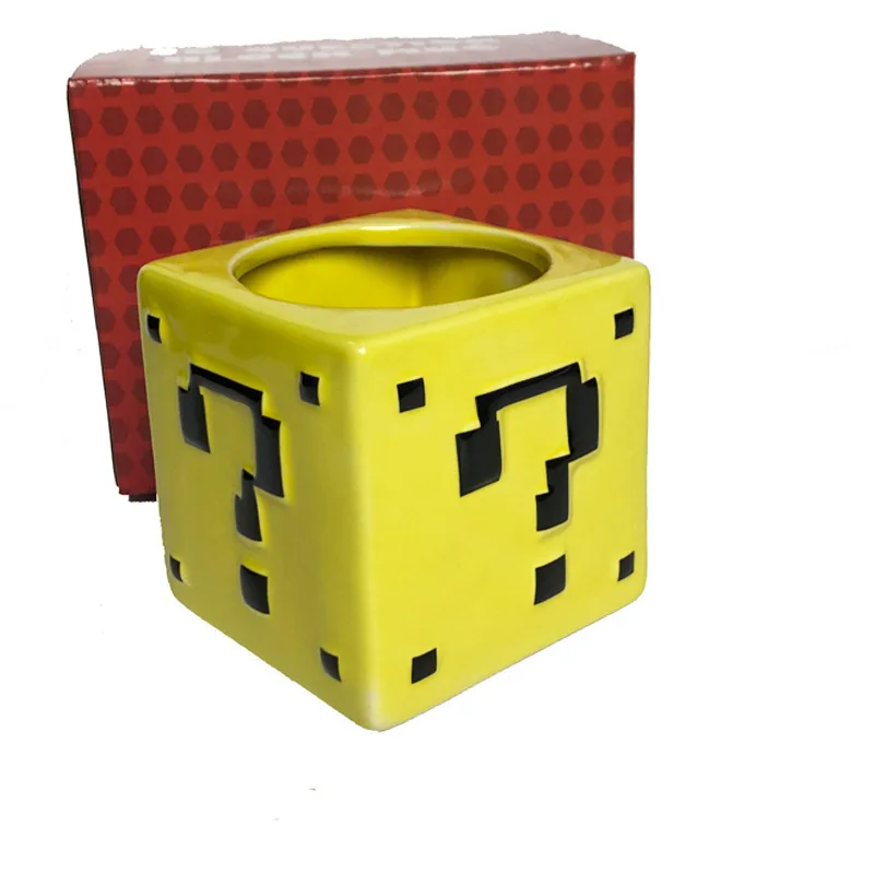(Wholesale) Hot selling anime cartoon ceramic Mario question block coffee mug with lid for gift