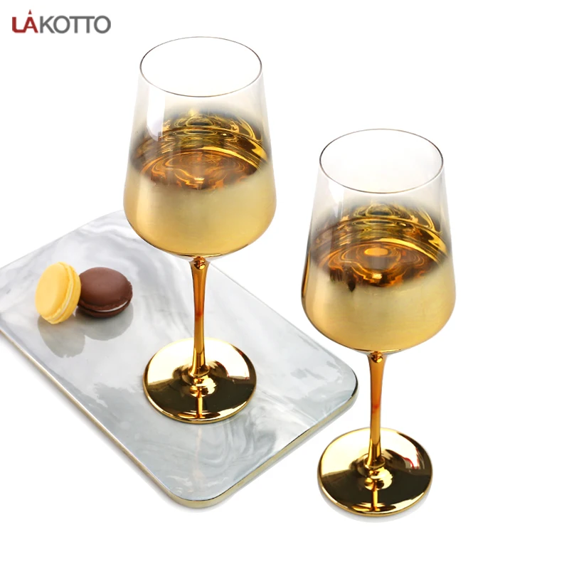 Gold decoration goblet glass Ultra thin cup Gold plating bottom wall 420ml wine glass with electroplating coating