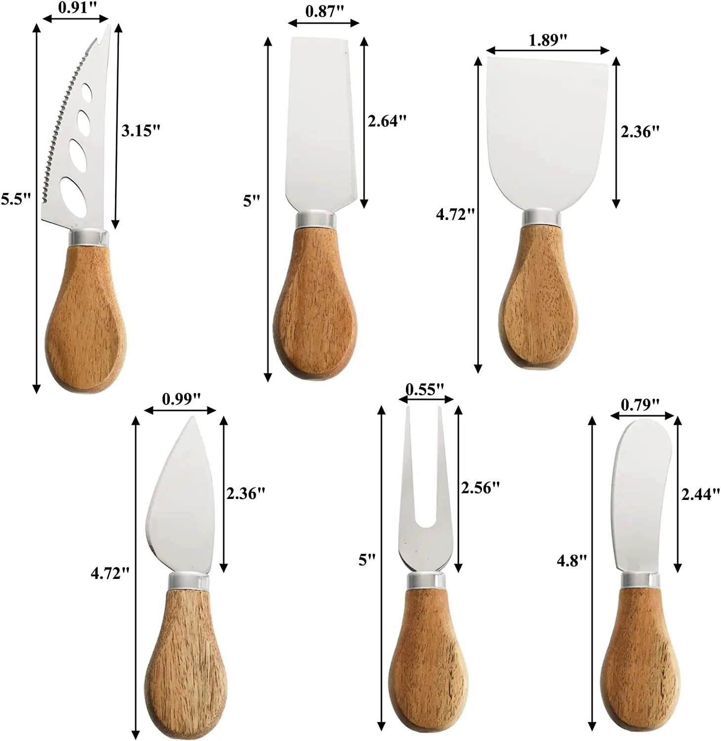 6 Piece Cheese Knives Set With Acacia Wood Handles Stainless Steel