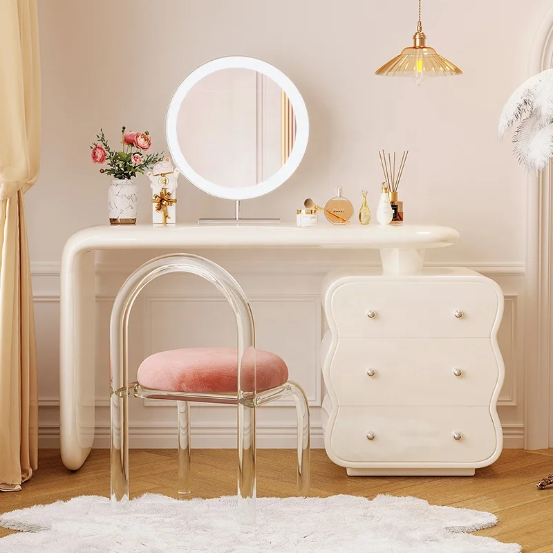 Telescopic Furniture Modern Simple Makeup Vanities Smart LED Light Mirror French Cream Style Wooden Corner Dressing Table