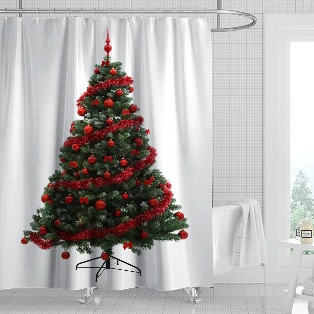 Christmas Home Shower Curtain Waterproof Bathroom Xmas Polyester With 12 Hooks 