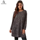 Leopard 2021 New Arrivals Woman Boat Neck Long Sleeve Leopard Top Pockets Dress With Side Slit