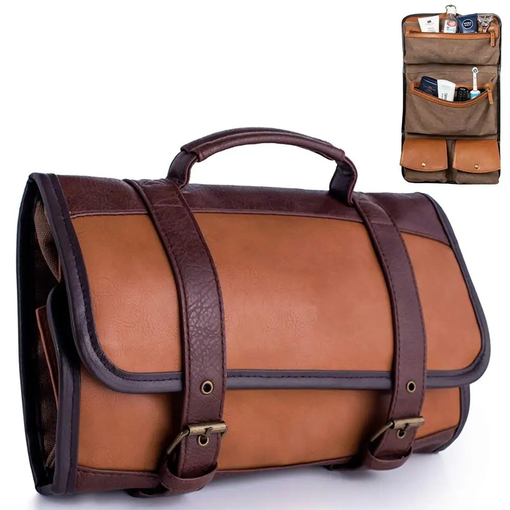Custom Pu Leather Washing Bag Roll Up 