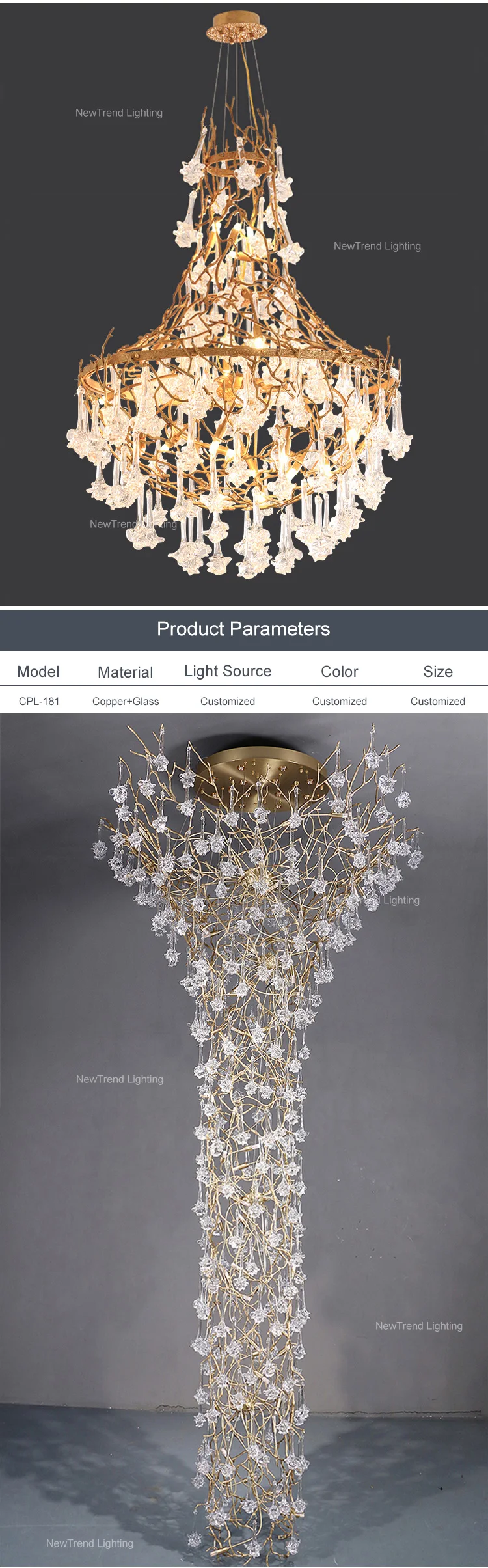 CPL-181 Modern Design Indoor Decoration Lighting Hall Hotel Lobby Custom Copper Custom Glass LED Chandelier Lamp details