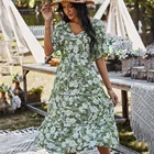 Elegant V-neck Women High Waist Floral Print Female Long Loose Lady Summer Short Sleeve Wrap Casual Dress