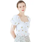 Sleeve Top Women Clothing Cotton White Embroidered Puff Sleeve Top
