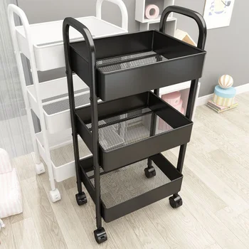 Multi-Layer Home Bedroom Baby Trolley Storage Rack Metal Floor-Standing Movable Snack Kitchen Multi-Function Holder for Home Use