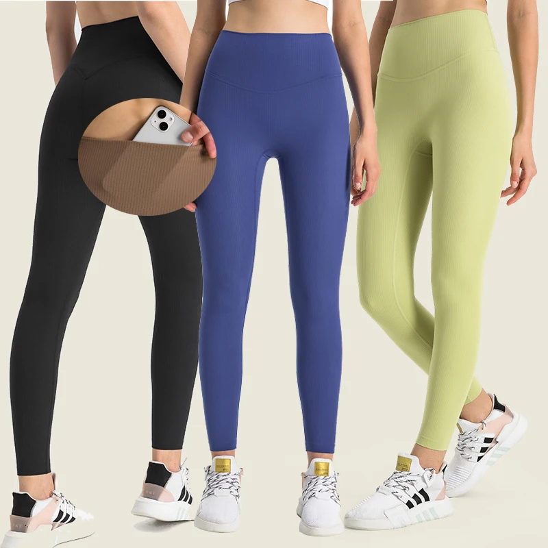 YIYI Lulu Ribbed High Waist Tummy Control Leggings Butt Lift Breathable Athletic Gym Pants Quick Dry Yoga Leggings For Women