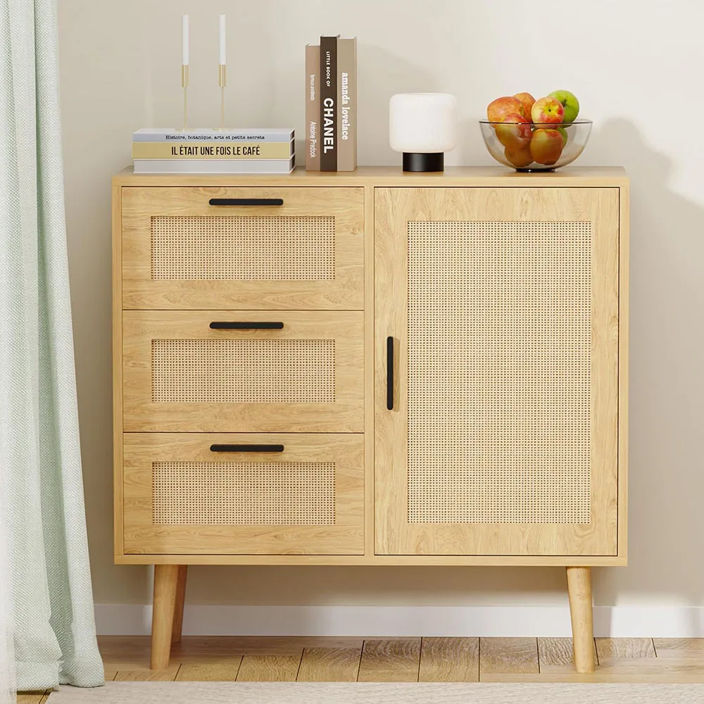 Rattan Sideboard & Wooden Cabinet with 3 Drawers & Door Space-Saving Storage for Living Room manufacture