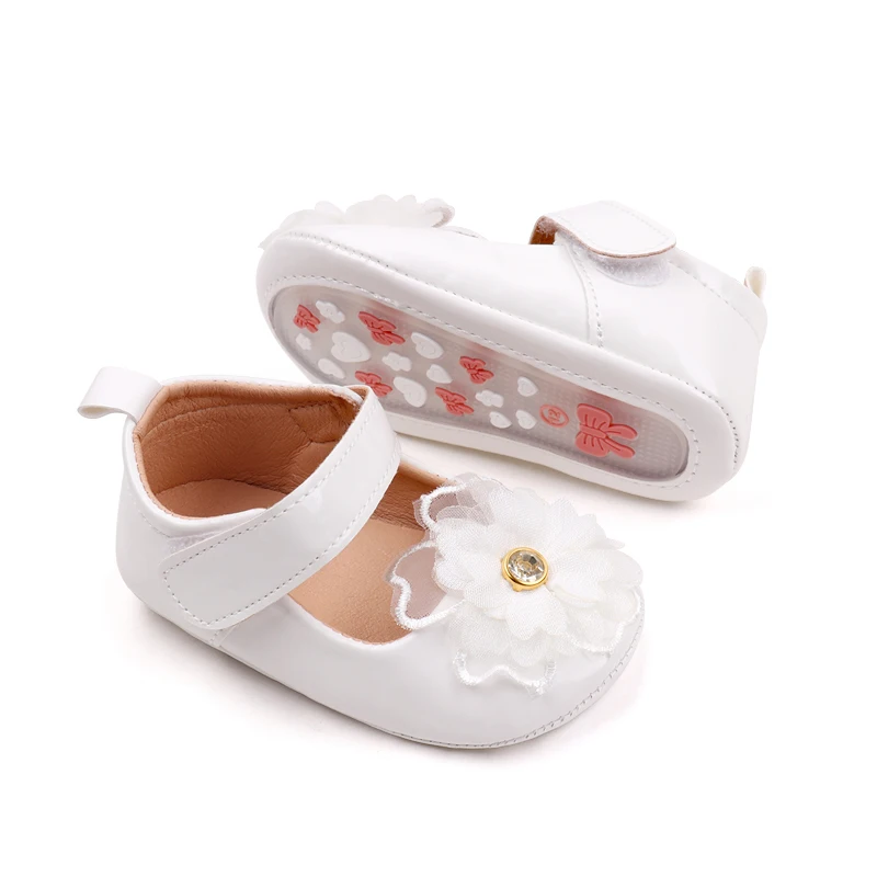 Spring and Autumn Pure Color PU Leather Veil Rhindiamonds Flower Princess Walking Shoes for Baby Girls details