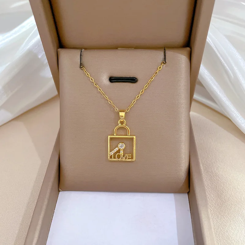 Light Luxury Titanium Steel Diamond Love Key Lock Pendant Necklace Choker For Women Stainless Steel Jewelry Charm