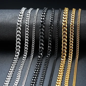 Hot-sale Curb Cuban Link Chain Chokers Basic Punk Stainless Steel Necklace For Men Women Vintage Black Gold Tone Solid Metal