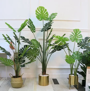 High quality real touch 10 leaves plastic pu material artificial monstera leaves potted tree indoor faux material plant