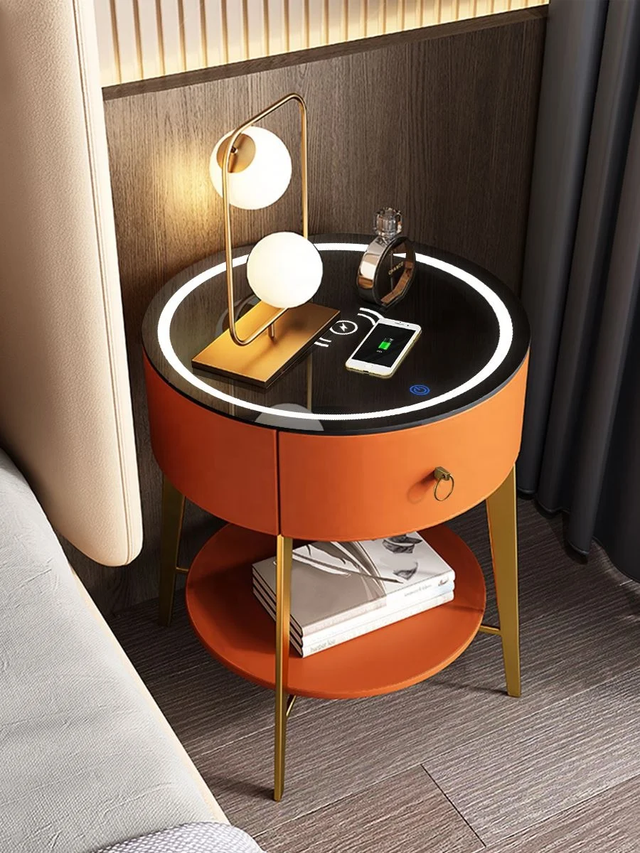 Contemporary Design Bedroom Nightstand Solid Wooden Wireless Charger Fingerprint Unlock Table Smart Nightstand
