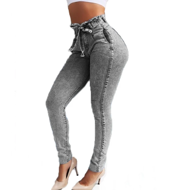 Women's High Waist Slim Stretch Denim Jeans Streetwear Bodycon Tassel Belt Bandage Skinny Push-up Style Button Hole Decoration details