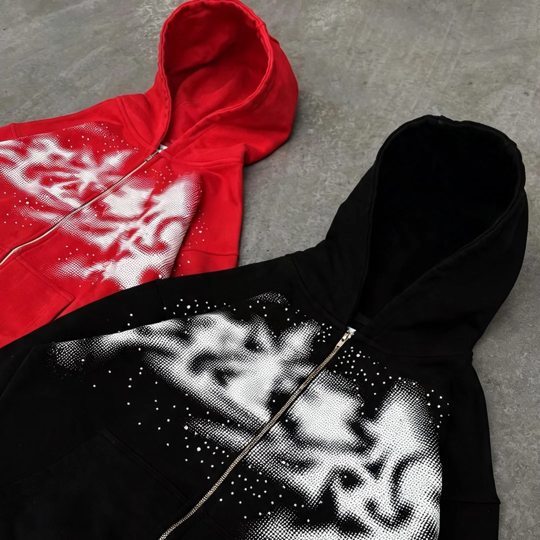 product wholesale mens gradient halftone rhinestone zip hoodie vintage loose red black street zip hoodiesmall moq custom-2