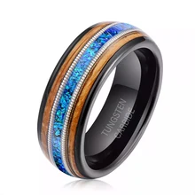 Ouyuan Wholesale 8mm Gunmetal Tungsten Ring Men Women Fashion Engagement Wedding Band Real Blue Opal Koa Wood Inlay