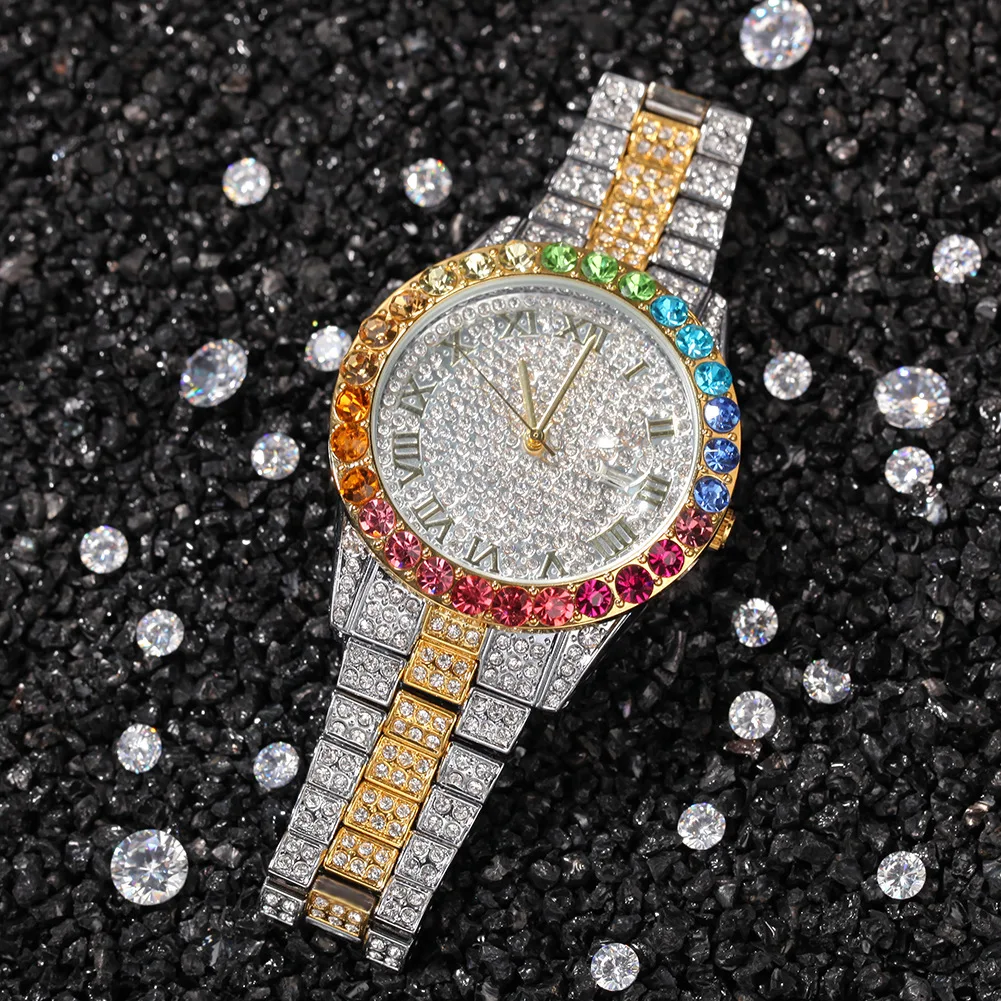 2021 custom new trendy mens man gold bling bling aaa zircon jewelry hip hop full icy diamond moissanite quartz iced out watch