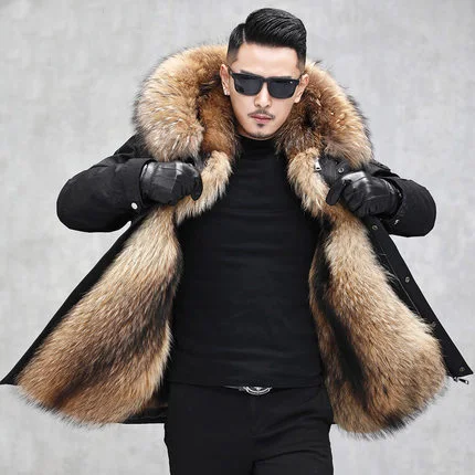 Hot!Men's Real Raccoon Fur Collar Hooded Coat Rabbit Fur Lined Jacket Long Parka 
