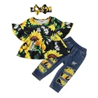 Girls Girls Clothing Sets Girls Fly Sleeve Casual Dress Bow Headband Denim Pants With Hole Floral Printing