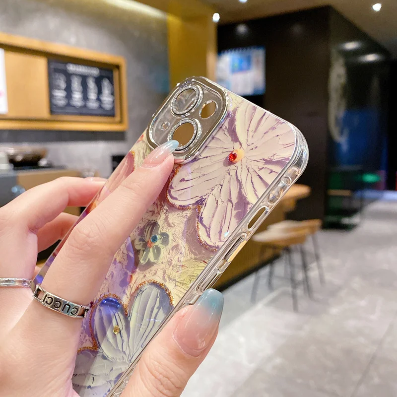 For iPhone 15 Pro Case Oil Painting Flower Phone Case For iPhone Pro Max 15 14 13 12 11 Case With Lens Protective Film