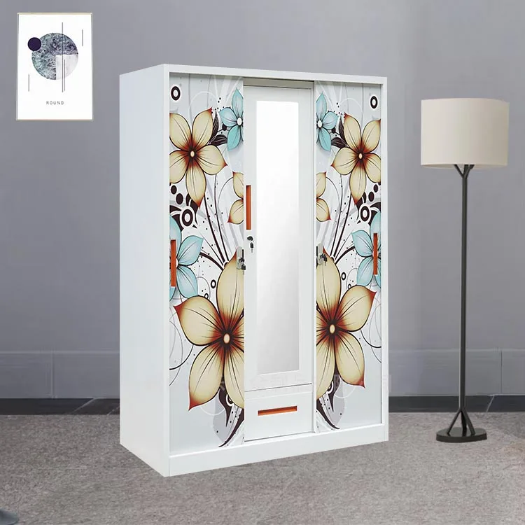 3-Door Printed Steel Wardrobe Bedroom Furniture for Home Use Bongkar Pasang Lemari Pakaian