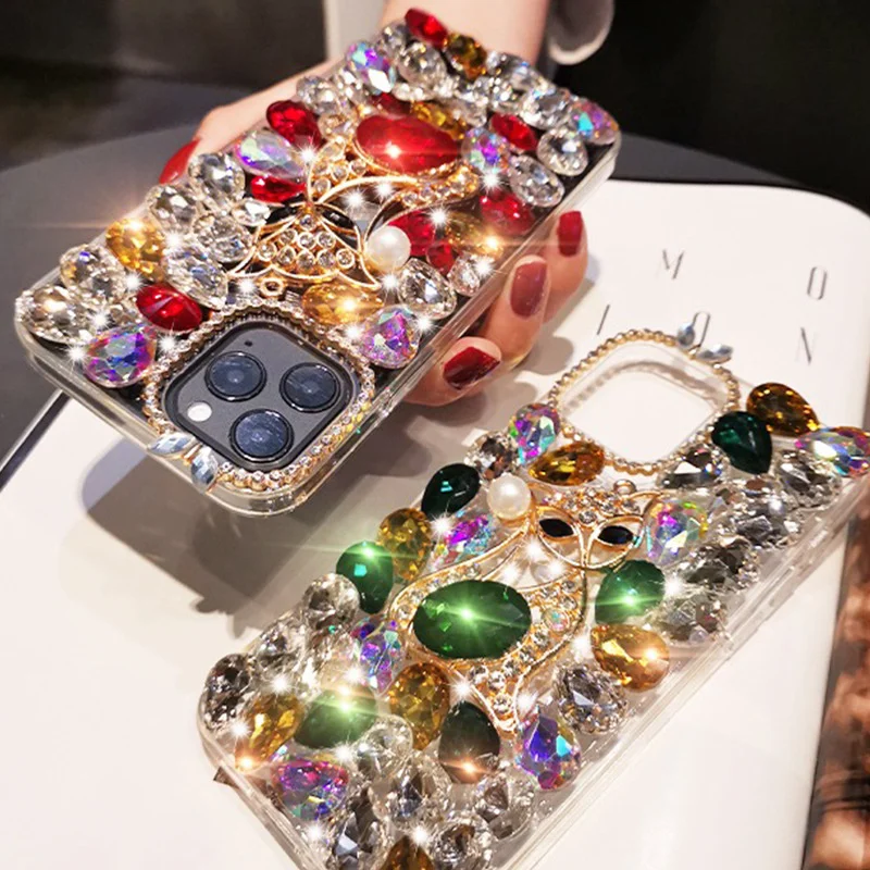 Luxury Rhinestone Case Phone Shell For iPhone 15 Pro Max Glitter Women Girl Bling Diamond Phone Cover For Samsung Note20 A73 A54