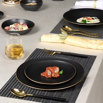Customized Black Color Bone China Restaurant Hotel Banquet Ceramic Assiette Dinnerware Round Plates Dinner Set