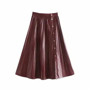 High trench design solid color button up women pu leather pleated skirt