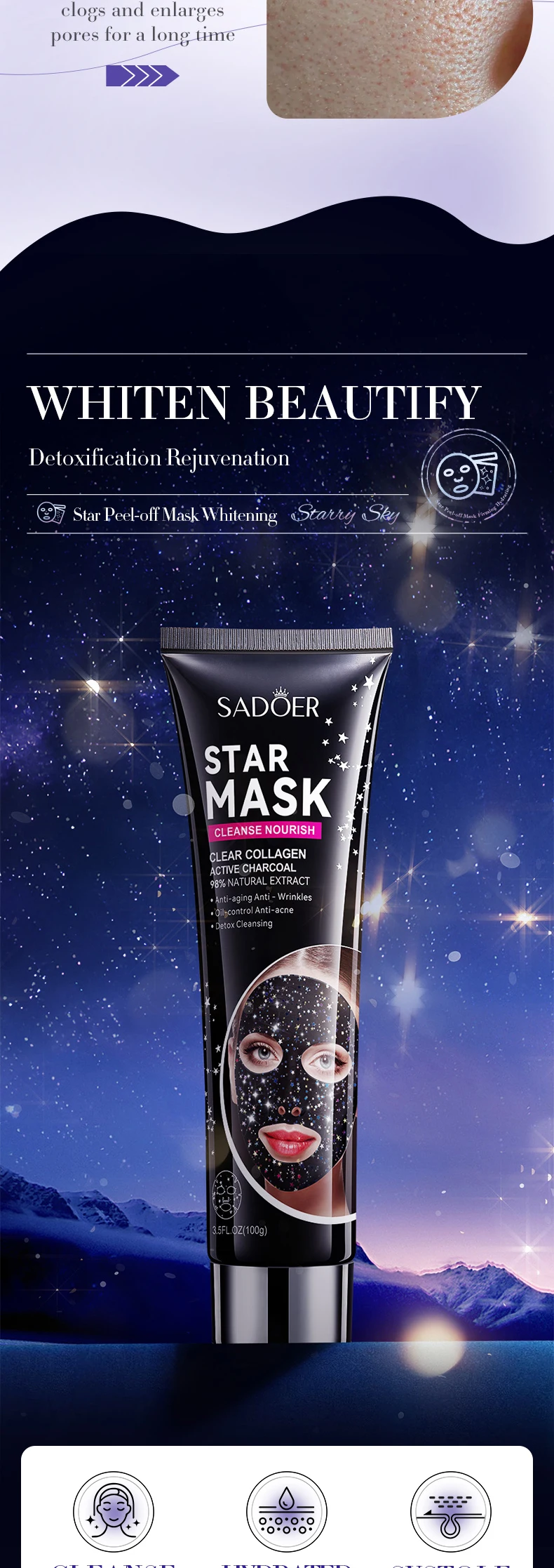 product 100g sadoer starry sky face and body mask for blackhead acne removal deep cleaning multi style adsorption peel off face mask-9