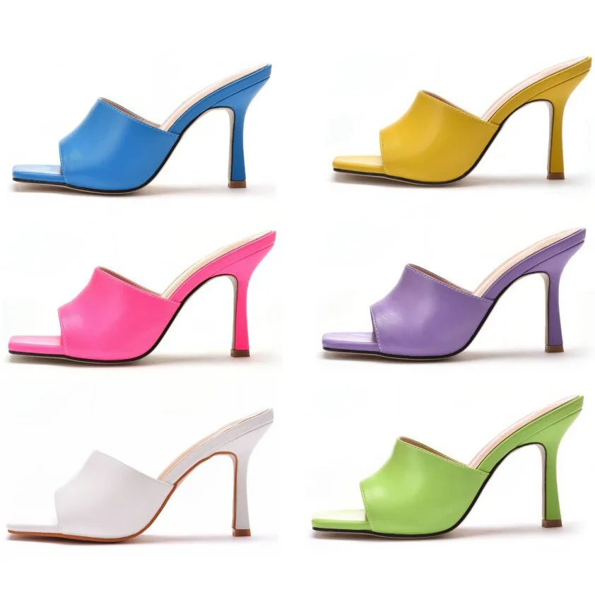 New Summer Women Slipper Square Toe Thin High Heel Ladies Sandal Mules High Quality Elegant Dress Shoes Slides