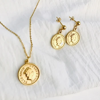Fashion stainless steel gold plated Queen Elizabeth coin pendant jewelry sets of earrings and necklaces