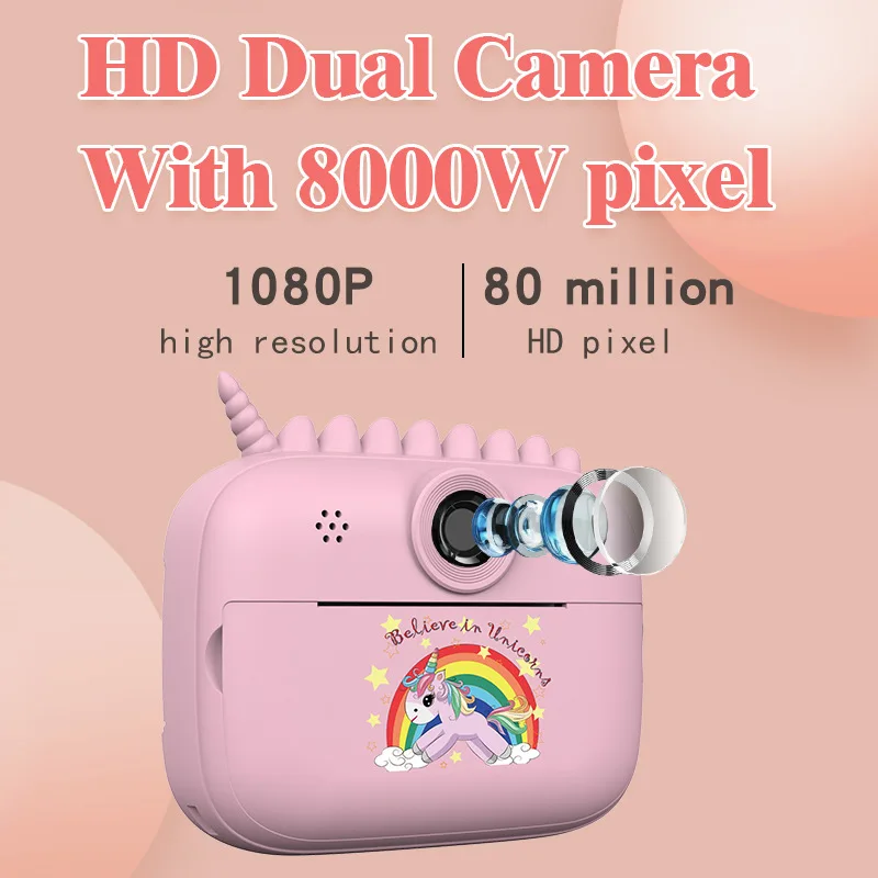 Unicorns Kids Camera Instant Print  1080P Selfie Digital Video Camera Children Thermal Photo  Instant Print  Camcorder