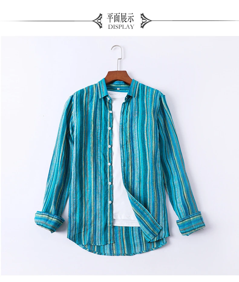Refreshing Japanese Striped Long-Sleeved Shirt Linen Men