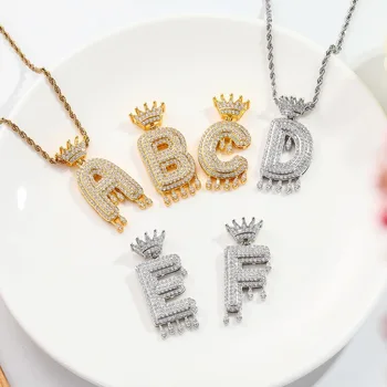 Custom Crown Bail Drip English Initial Letters Chain Necklaces & Pendant For Men Women Gold Color Cubic Zircon Hip Hop Jewelry