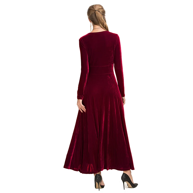 Women sexy evening ball party red long gown V neck full sleeve pleated maxi high waist velvet dress