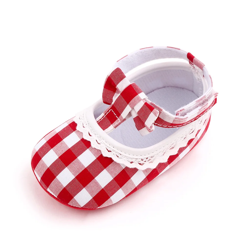 Color Matching Plaid Bow Wavy Lace Soft Soled Baby Girls Cute Princess Toddler Shoes supplier