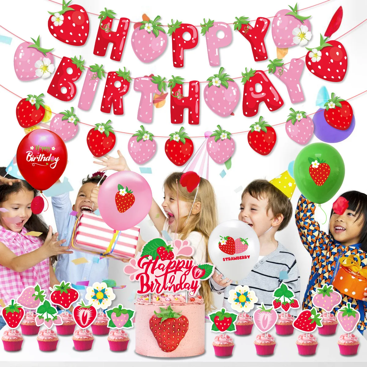 New fruit strawberry theme birthday party decoration strawberry flag cake card party balloon set