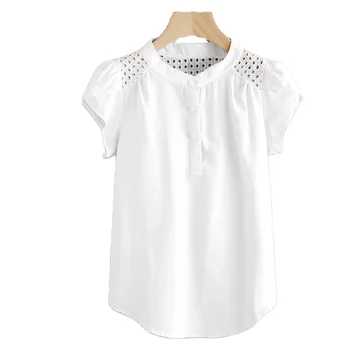 Button Band Collar Eyelet Embroidered Panel Petal Sleeve Women White Casual Blouse