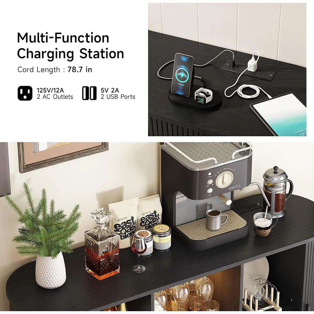 55" Wood Wine Bar Cabinet LED Light Modern Liquor Whiskey Rack Farmhouse Buffet Sideboard Storage for Living Room/Kitchen supplier